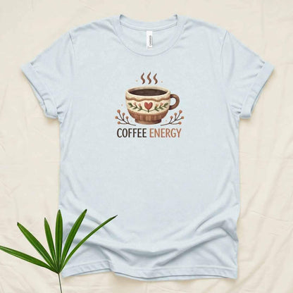 Heather ice blue Bella+Canvas 3001 tee with Coffee Energy steaming cup illustration