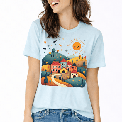 Heather ice blue Bella+Canvas 3001 tee with folk village scene illustration
