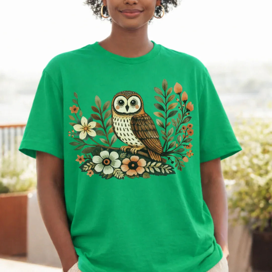 Heather kelly Bella+Canvas 3001 t-shirt with vintage barn owl graphic and wildflowers