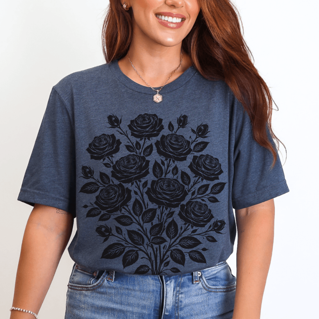 Heather navy Bella+Canvas 3001 tee with black roses folk art graphic