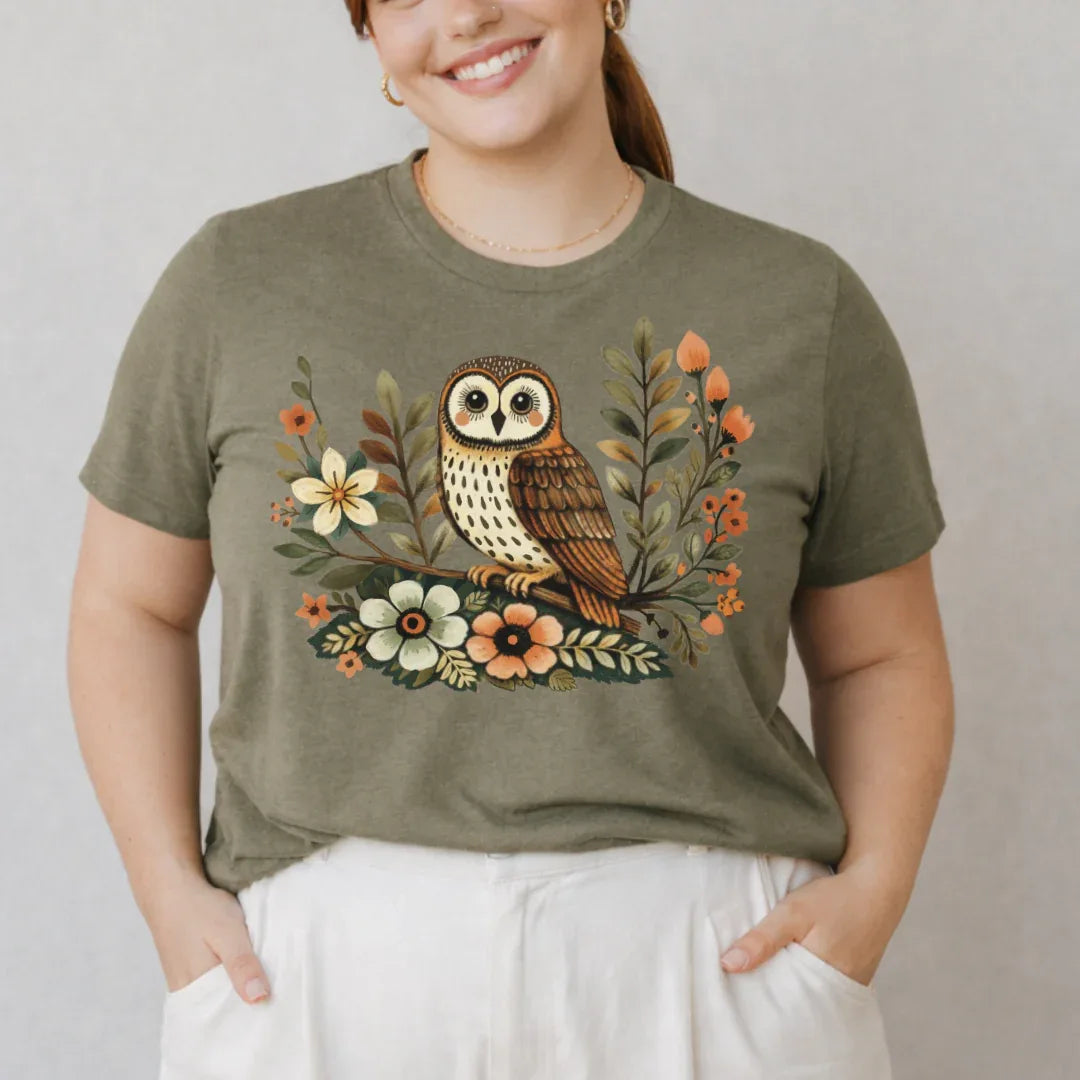 Heather olive Bella+Canvas 3001 t-shirt with boho owl graphic 