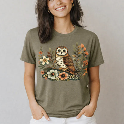 Heather olive Bella+Canvas 3001 t-shirt with boho owl graphic in warm vintage tones
