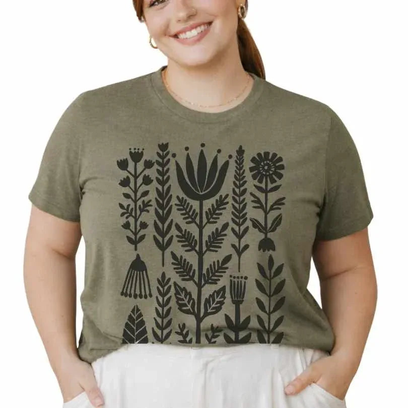 Heather olive Bella+Canvas 3001 t-shirt with scandi folk botanical design