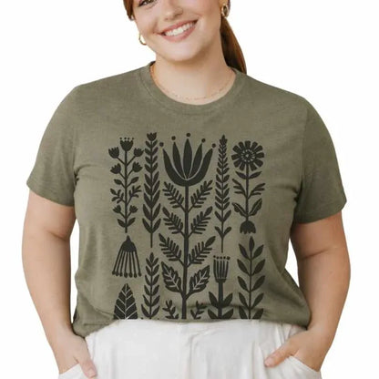 Heather olive Bella+Canvas 3001 t-shirt with scandi folk botanical design