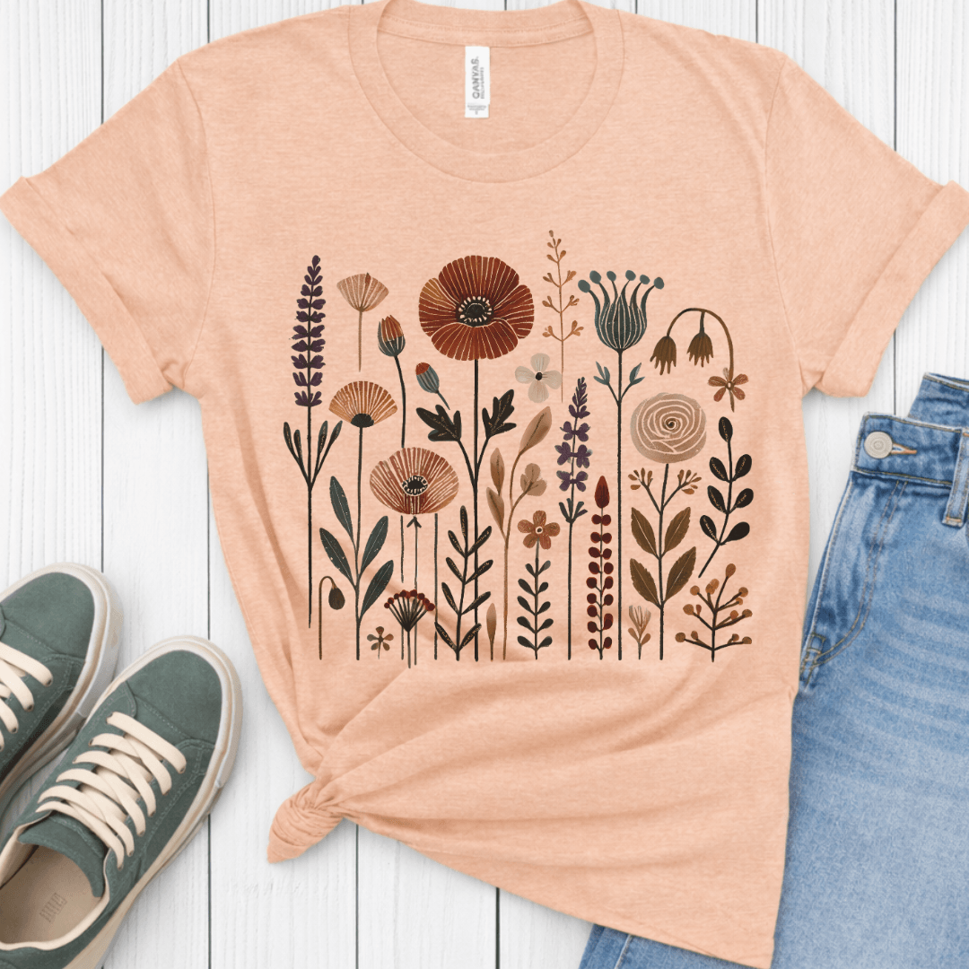 Heather peach Bella+Canvas 3001 t-shirt with folk wildflower graphic, flat lay