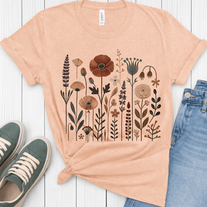 Heather peach Bella+Canvas 3001 t-shirt with folk wildflower graphic, flat lay