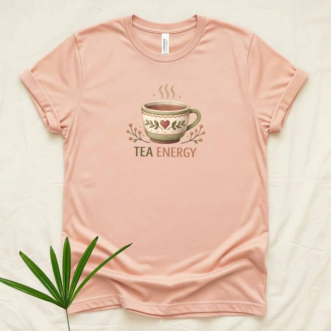 Heather peach Bella+Canvas 3001 tee with Tea Energy hand-drawn mug illustration