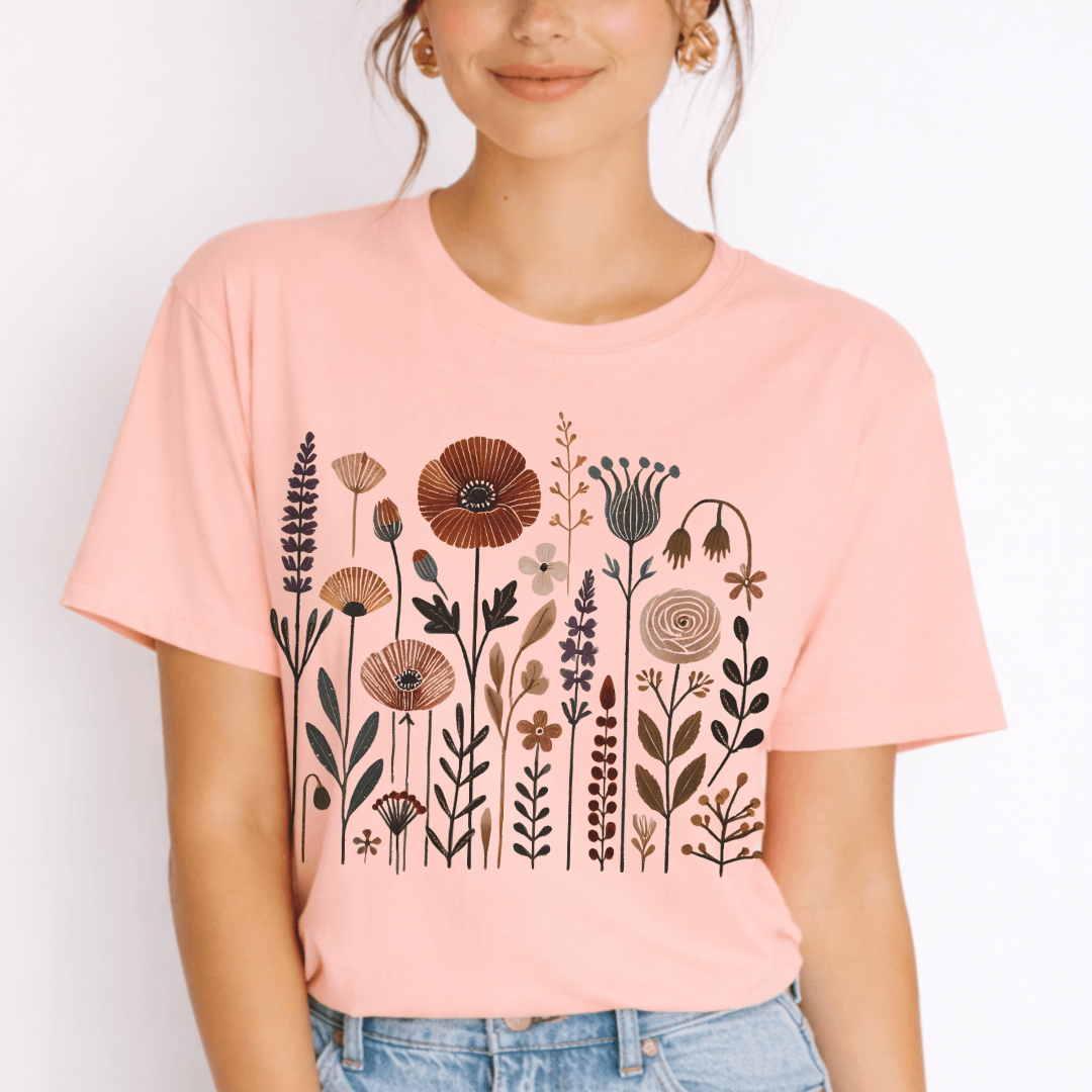 Heather peach Bella+Canvas 3001 tee with hand-drawn wildflower meadow design