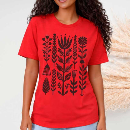 Heather red Bella+Canvas 3001 tee with minimal folk floral and leaf design