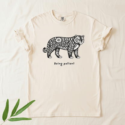 Ivory Comfort Colors 1717 tee with Being Patient folk tiger graphic