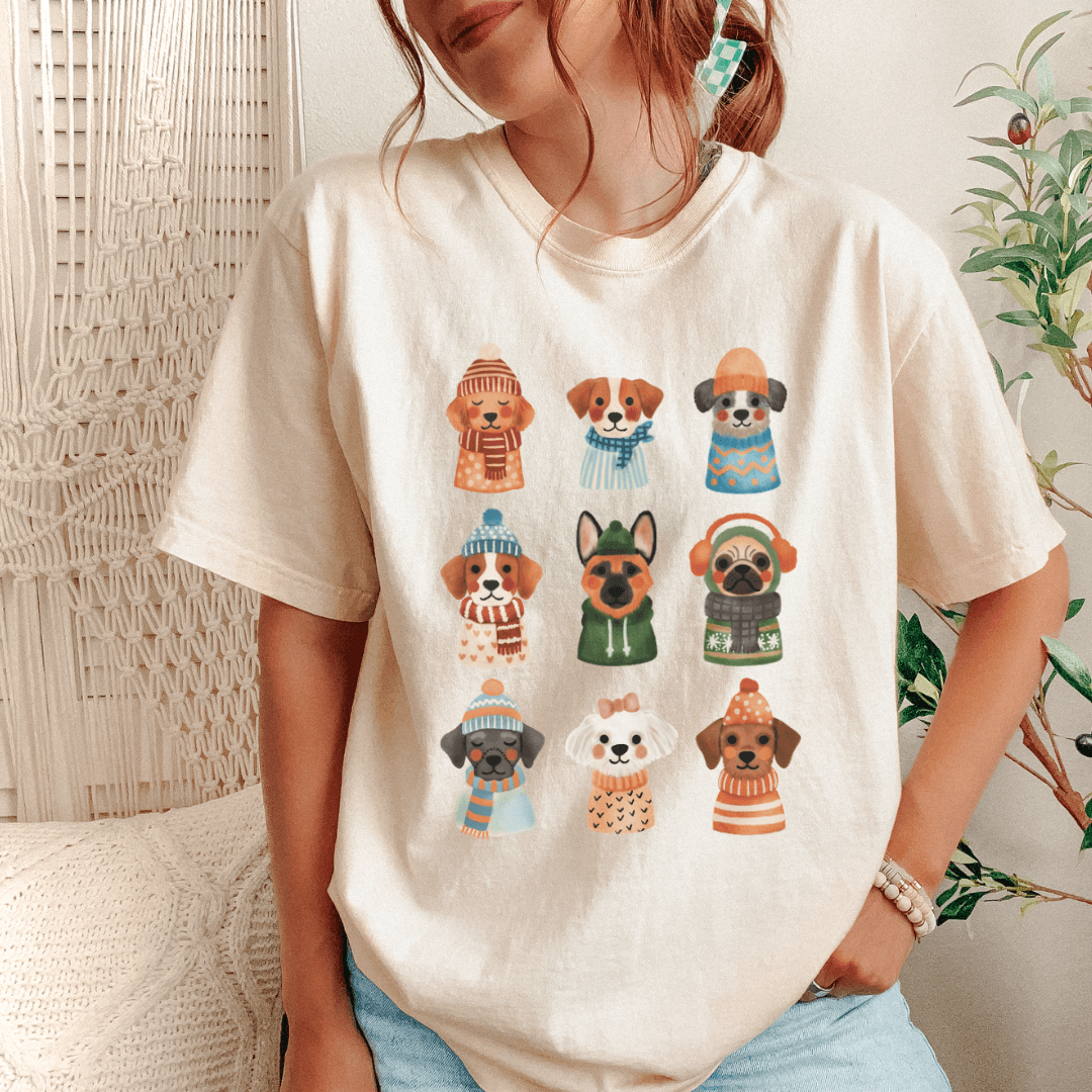 Ivory Comfort Colors 1717 tee with cute puppies in winter sweaters graphic