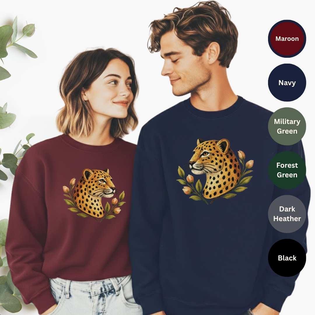 Leopard Floral Crewneck Sweatshirt — color options Maroon, Navy, Military Green, Forest Green, Dark Heather, Black — Gildan 18000