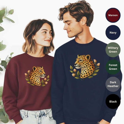 Leopard Floral Crewneck Sweatshirt — color options Maroon, Navy, Military Green, Forest Green, Dark Heather, Black — Gildan 18000