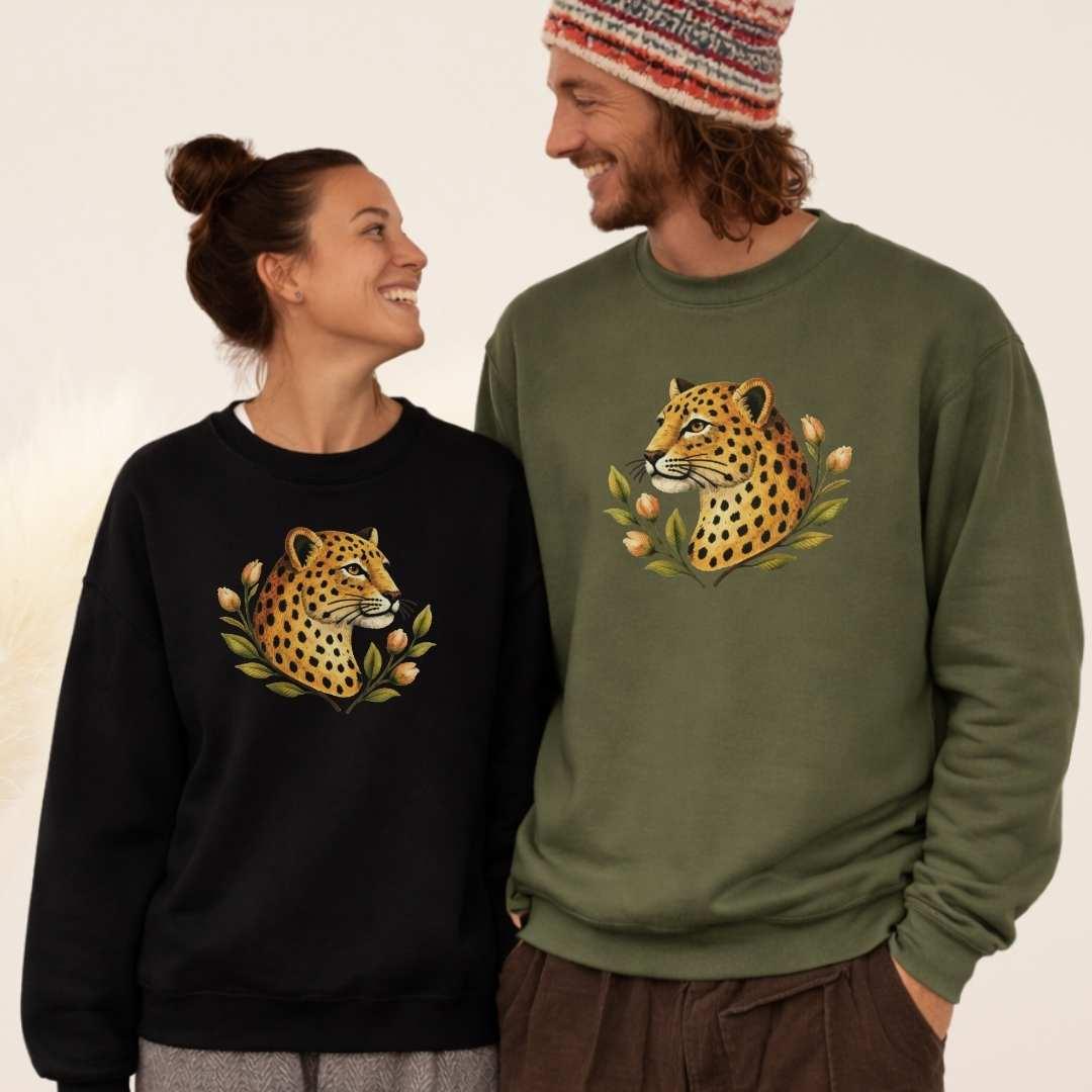 Leopard Floral Crewneck Sweatshirt in Black and Military Green — matching couple leopard sweatshirt