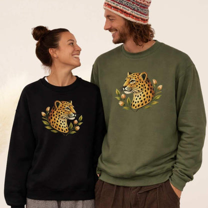 Leopard Floral Crewneck Sweatshirt in Black and Military Green — matching couple leopard sweatshirt