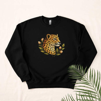 Leopard Floral Crewneck Sweatshirt in Black — vintage big cat and floral crewneck