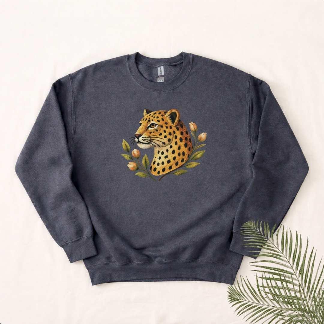 Leopard Floral Crewneck Sweatshirt in Dark Heather — leopard floral print Gildan 18000