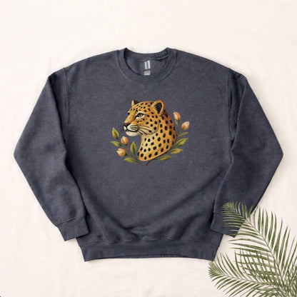 Leopard Floral Crewneck Sweatshirt in Dark Heather — leopard floral print Gildan 18000