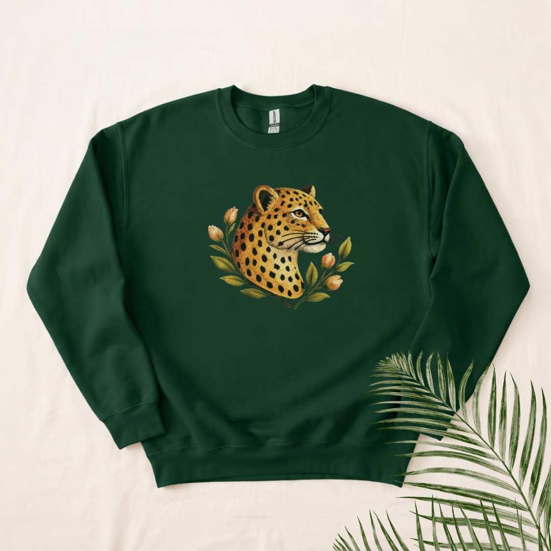 Leopard Floral Crewneck Sweatshirt in Forest Green — leopard and botanical faux embroidery print