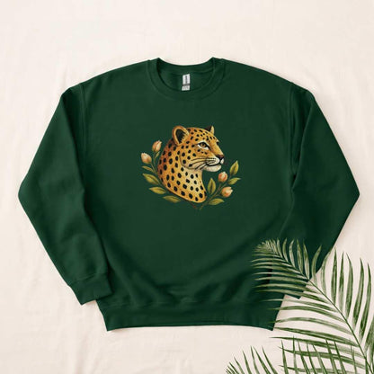 Leopard Floral Crewneck Sweatshirt in Forest Green — leopard and botanical faux embroidery print