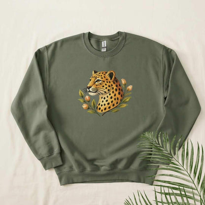 Leopard Floral Crewneck Sweatshirt in Military Green — vintage leopard folk art crewneck