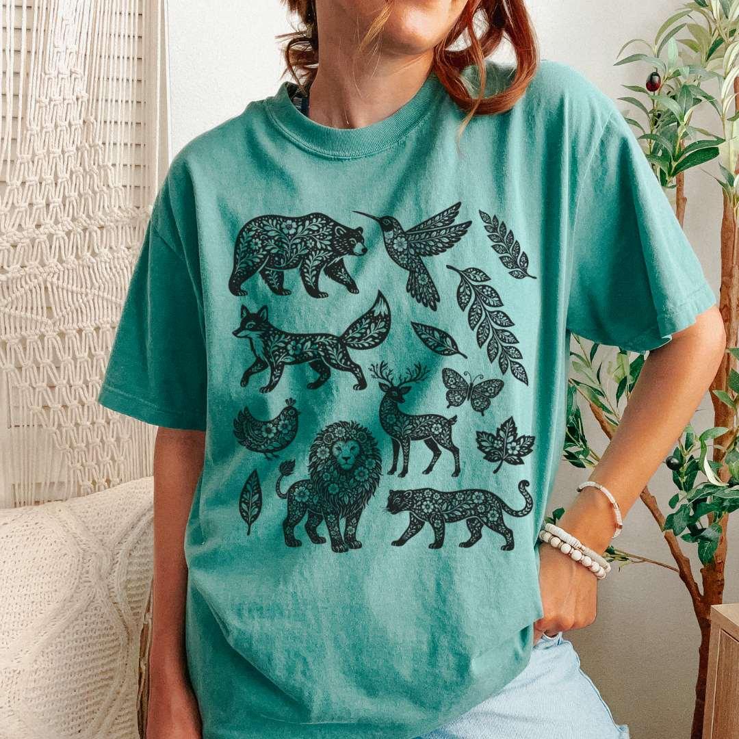Light Green Comfort Colors 1717 tee with woodland animals illustration including bear, fox and lion