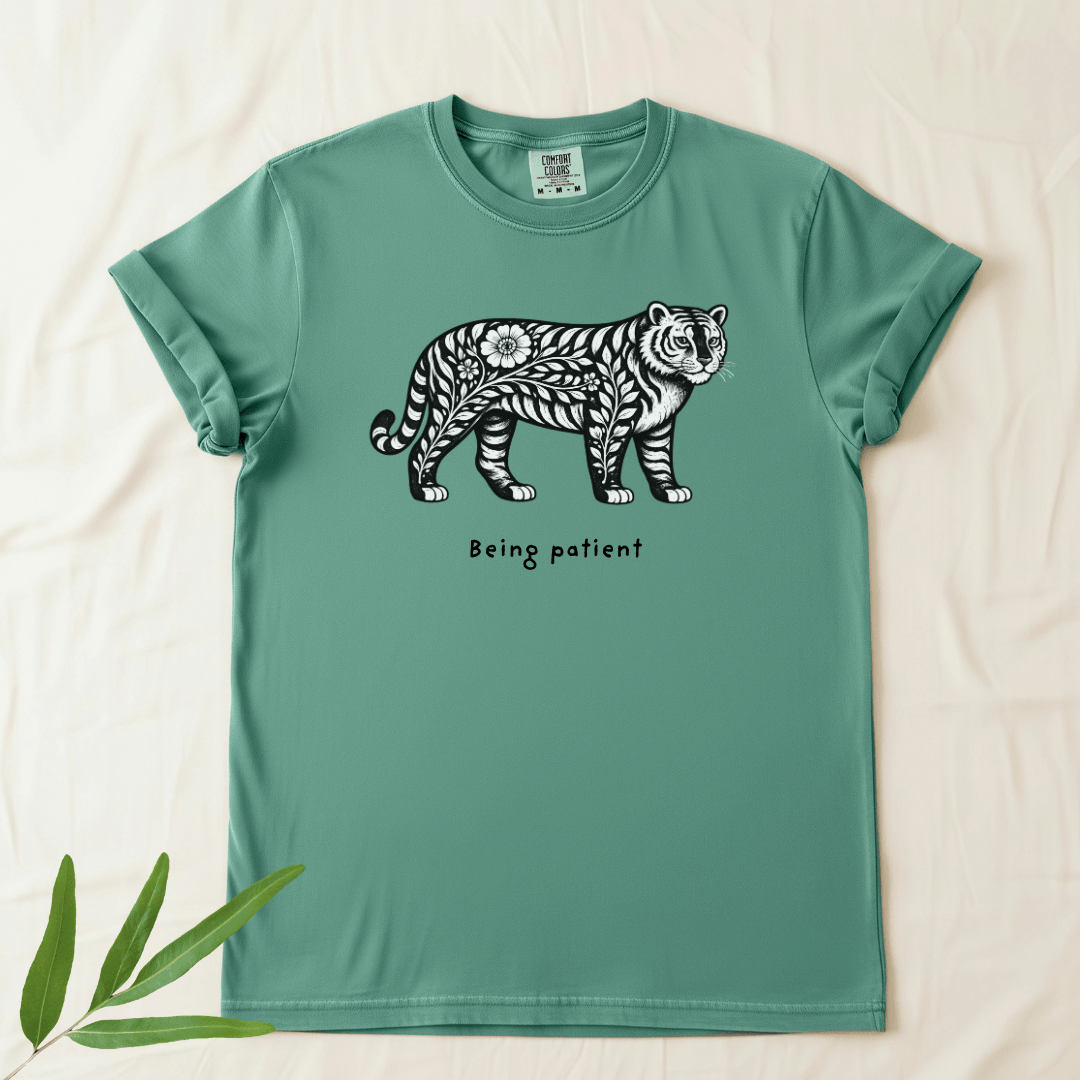 Light green Comfort Colors 1717 tee with Being Patient folk tiger graphic