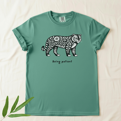 Light green Comfort Colors 1717 tee with Being Patient folk tiger graphic