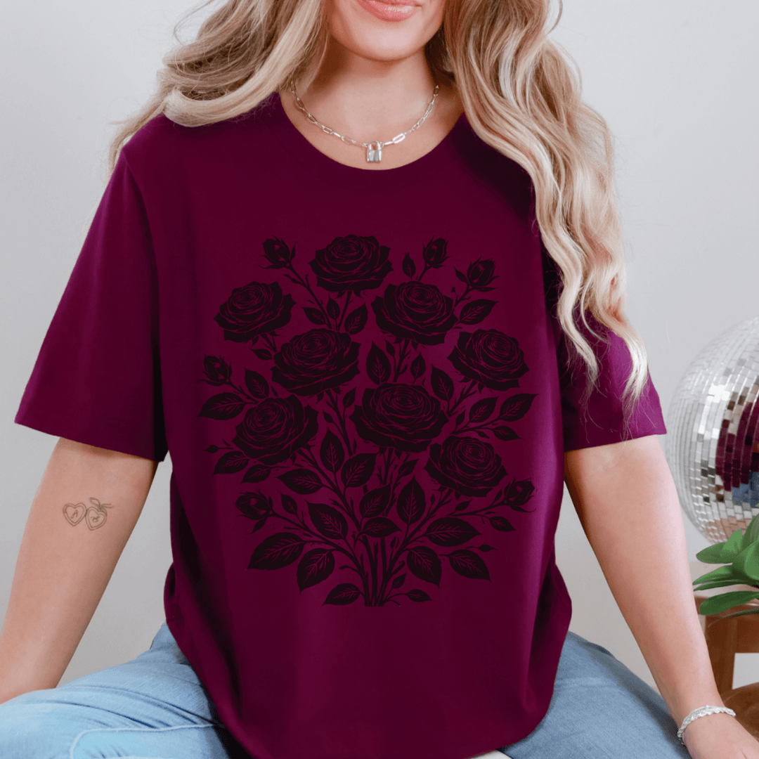 Maroon Bella+Canvas 3001 t-shirt with vintage black roses folk art graphic
