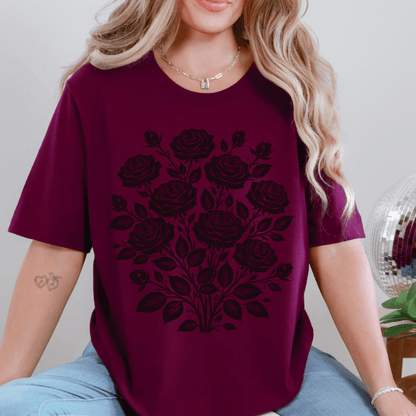Maroon Bella+Canvas 3001 t-shirt with vintage black roses folk art graphic