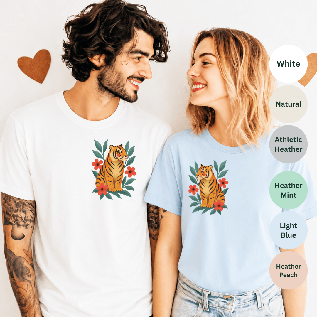 Matching folk tiger couple t-shirts white and light blue Bella+Canvas 3001