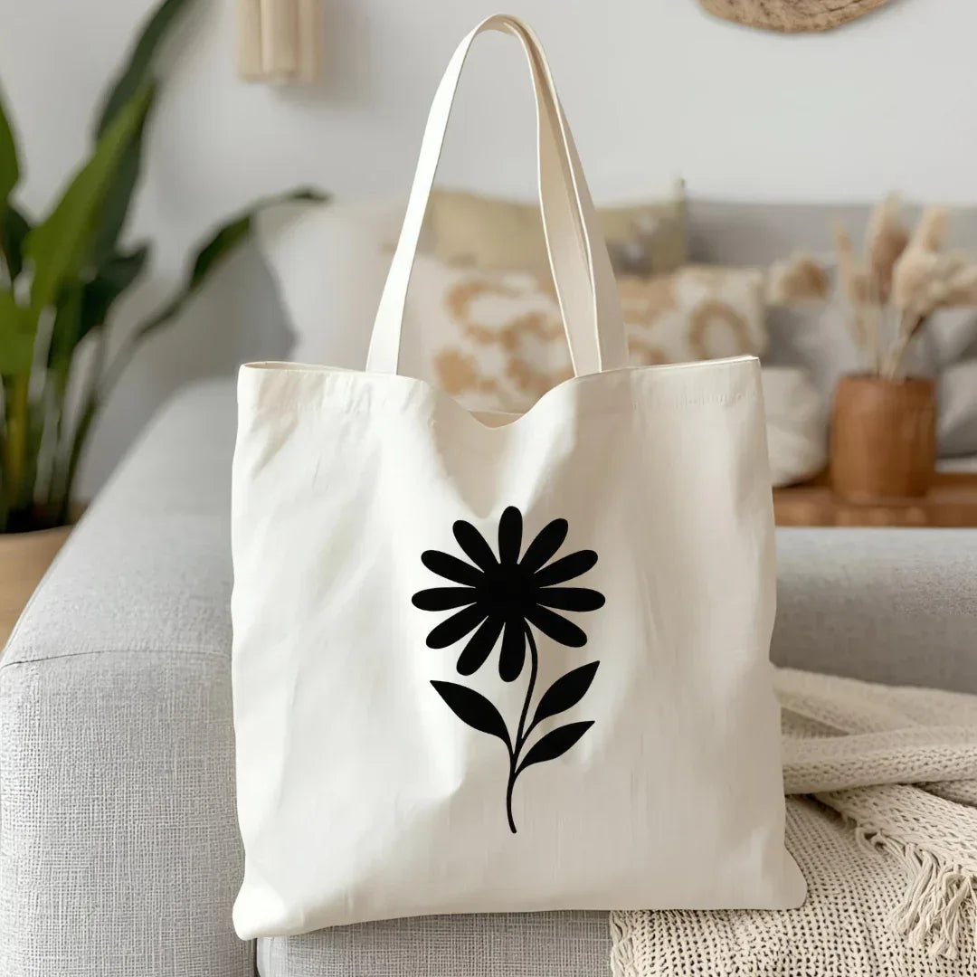 Minimal Black Flower Canvas Tote Bag — black folk art flower print on natural cotton canvas
