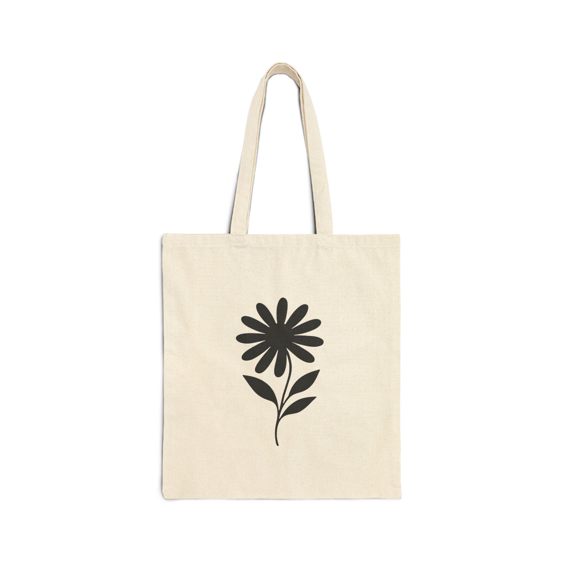 Minimal Black Flower Canvas Tote Bag — black folk art flower print on natural cotton canvas
