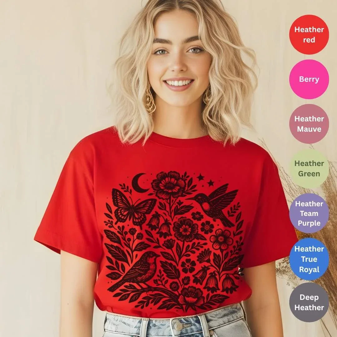 Moon Folk Garden T-Shirt — color options Heather Red, Berry, Heather Mauve, Heather Green, Heather Team Purple, Heather True Royal, Deep Heather — Bella+Canvas 3001