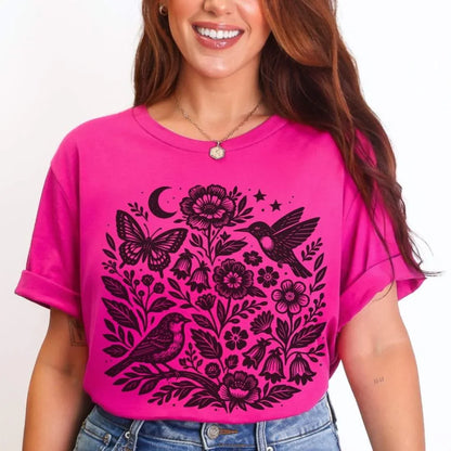 Moon Folk Garden T-Shirt in Berry — dark folk garden print by The Folk Brush