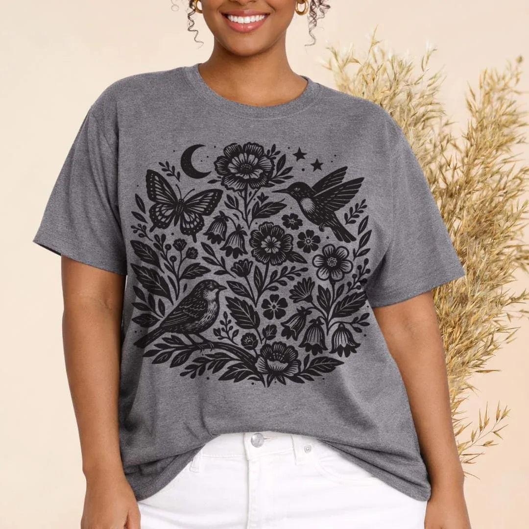 Moon Folk Garden T-Shirt in Deep Heather — dark botanical folk garden tee by The Folk Brush