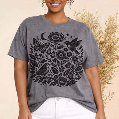 Moon Folk Garden T-Shirt in Deep Heather — dark botanical folk garden tee by The Folk Brush