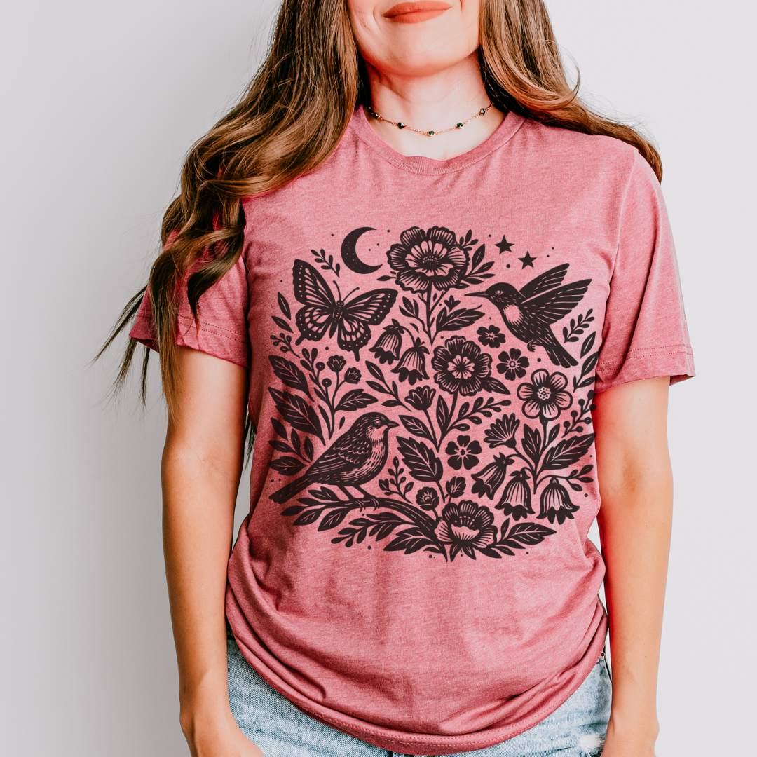 Moon Folk Garden T-Shirt in Heather Mauve — botanical folk garden tee Bella+Canvas 3001
