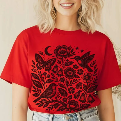 Moon Folk Garden T-Shirt in Heather Red — folk garden botanical print with birds and florals