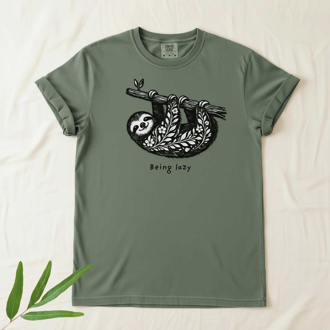 Moss green Comfort Colors 1717 t-shirt with Being Lazy sloth illustration