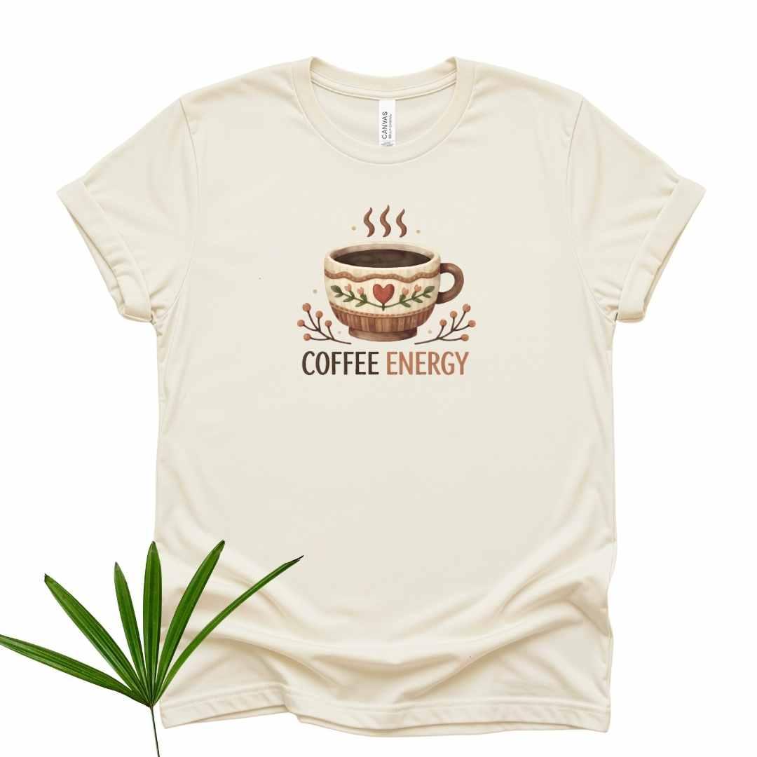 Natural Bella+Canvas 3001 tee with Coffee Energy hand-drawn mug illustration