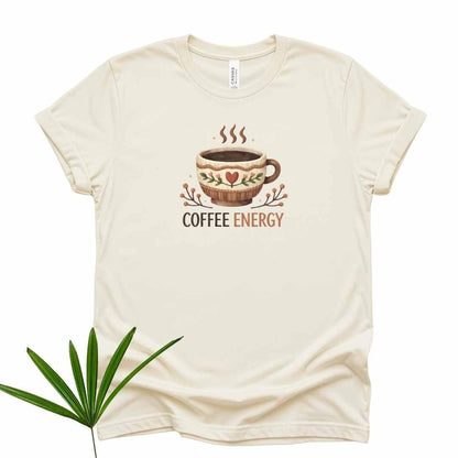 Natural Bella+Canvas 3001 tee with Coffee Energy hand-drawn mug illustration