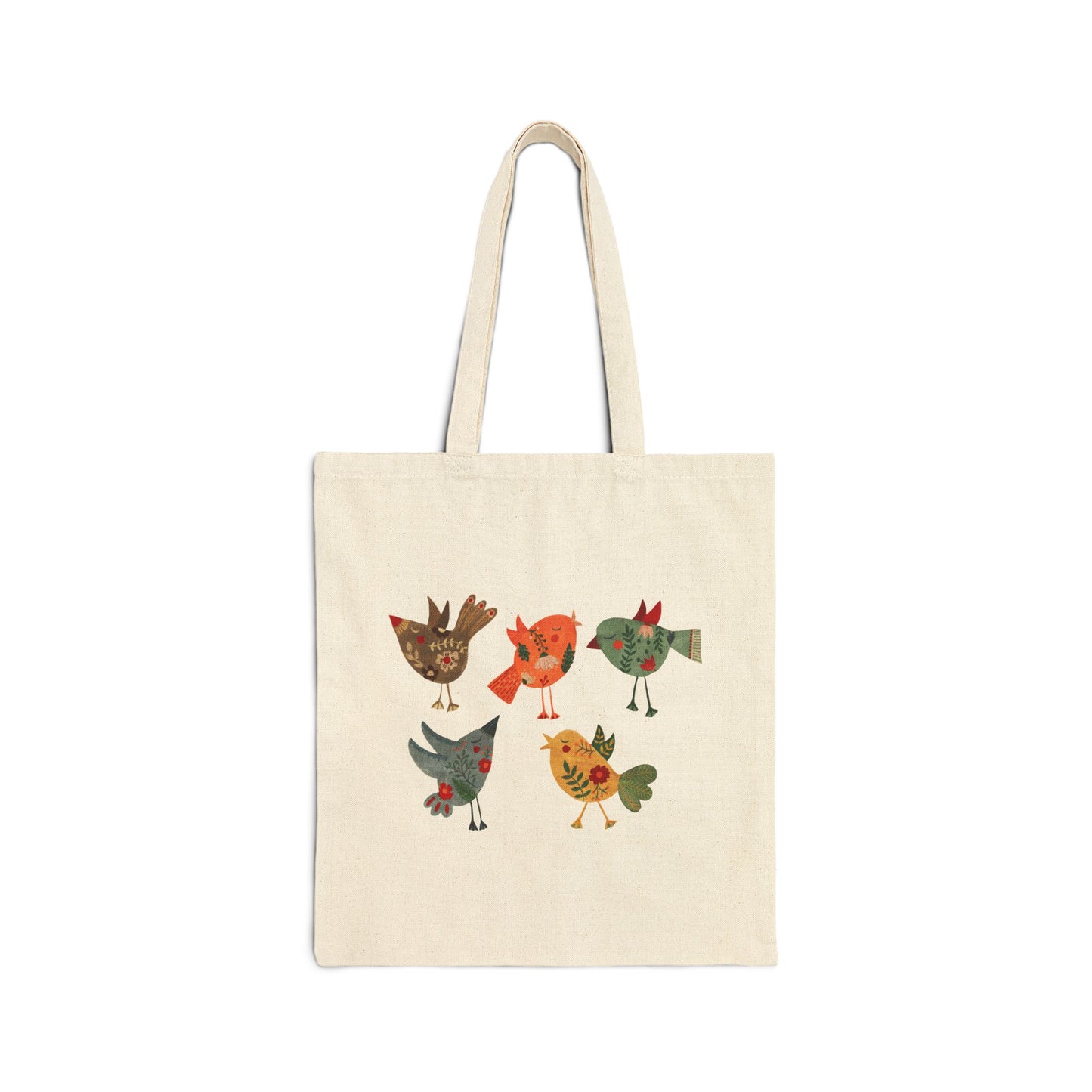 Natural canvas cotton tote bag with cheerful folk birds graphic in warm earthy tones