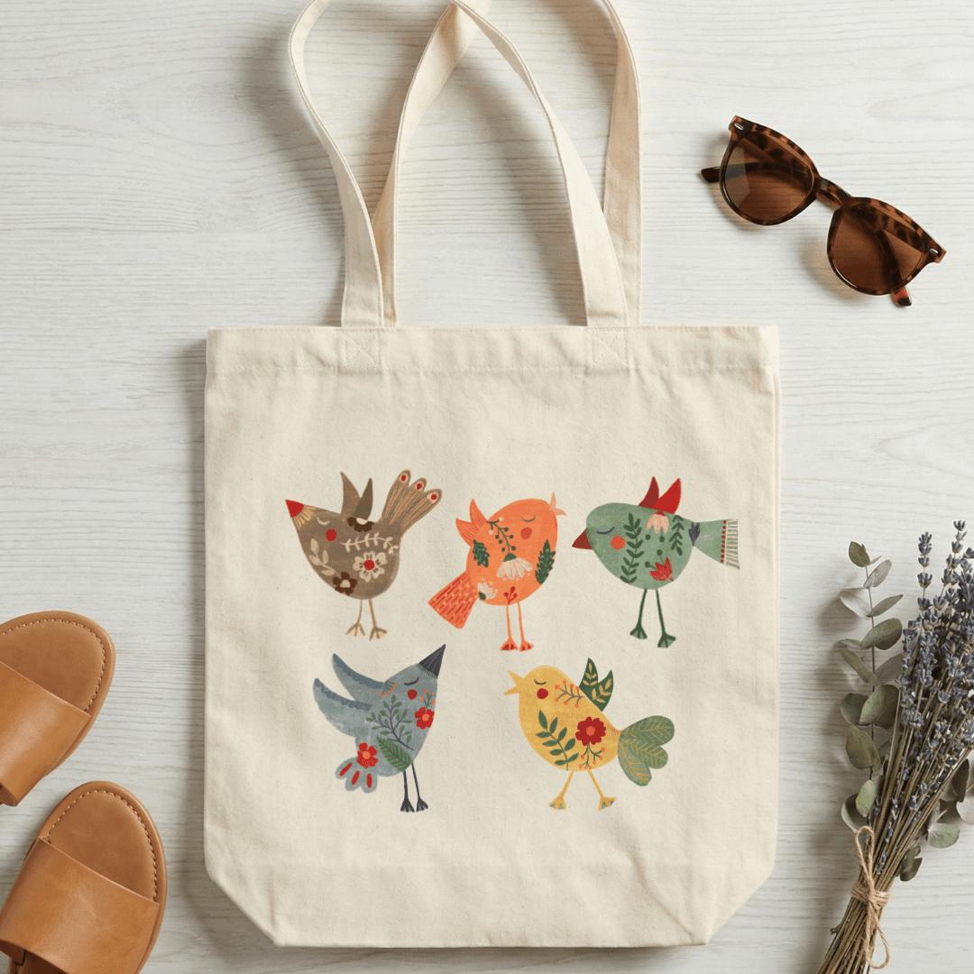 Natural canvas cotton tote bag with cheerful folk birds graphic in warm earthy tones
