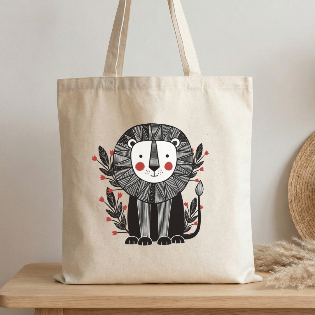 Natural canvas cotton tote bag with cute woodland lion illustration 