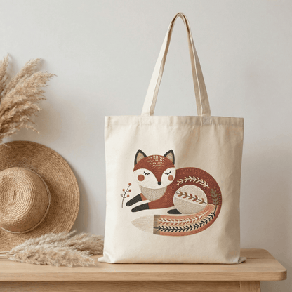 Natural canvas cotton tote bag with folk sleeping fox design in earthy tones
