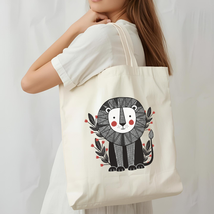 Natural canvas cotton tote bag with woodland lion illustration 