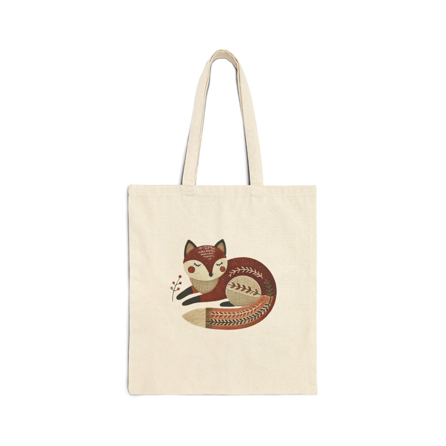 Natural canvas cotton tote bag with folk sleeping fox design in earthy tones