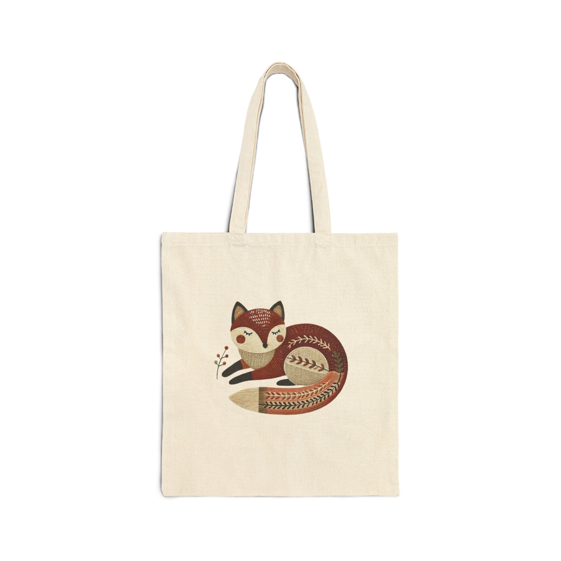 Natural canvas cotton tote bag with folk sleeping fox design in earthy tones