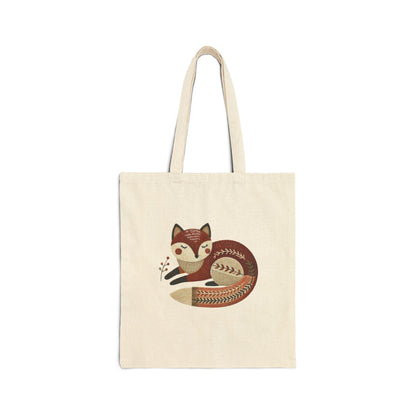 Natural canvas cotton tote bag with folk sleeping fox design in earthy tones